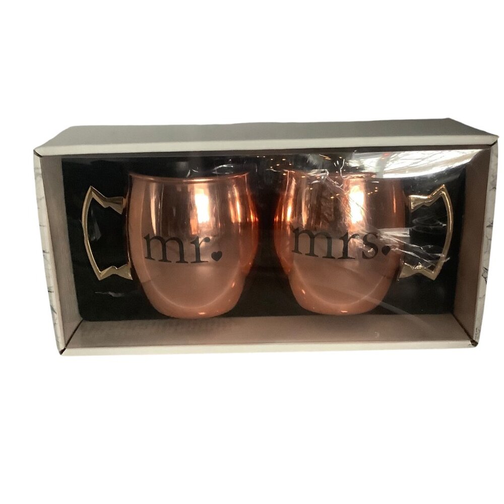 Mr. & Mrs. Copper Finish Moscow Mule Mugs Gold Handles 20 Oz‎ Set Gift Boxed